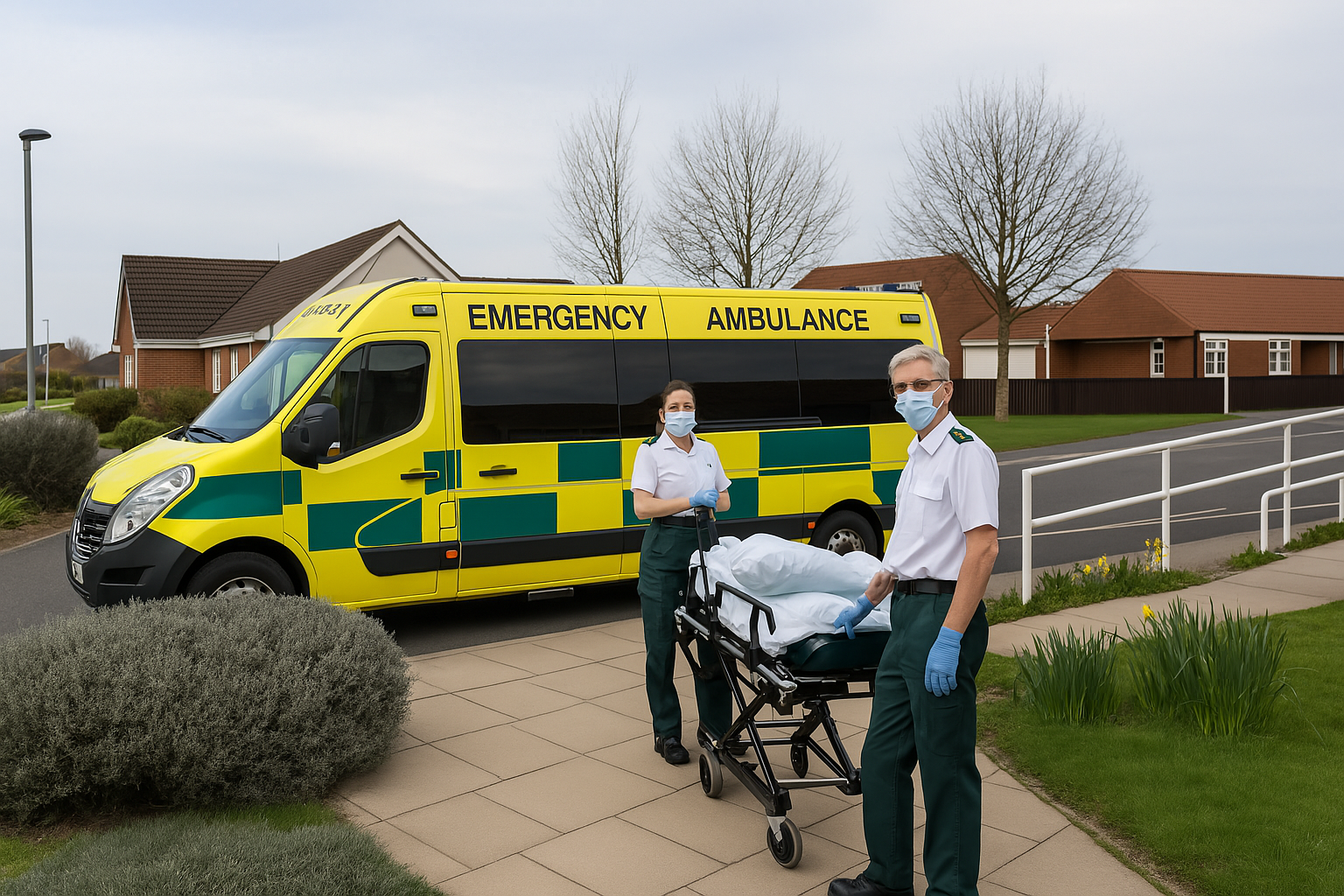 Two paramedics, wearing masks and gloves, stand by a stretcher outside a yellow emergency ambulance. The scene is calm, set in a suburban area.